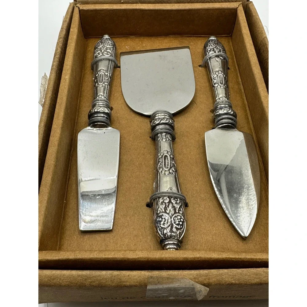 Pier 1 Imports 3 Piece Cheese Server Set Ornate Silver Tone Handles‎ Stainless